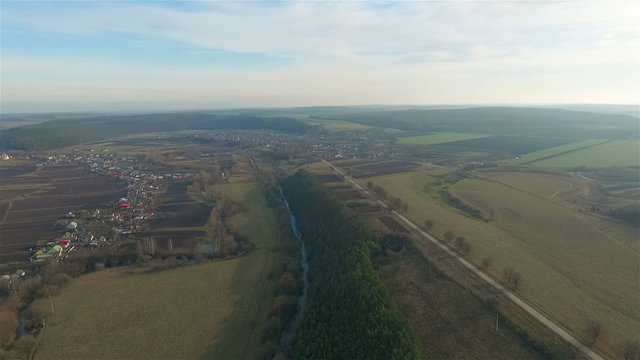 Aerial view of the Ukrainian village and field