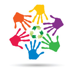 Vector concept circle of hands, green recycle symbol
