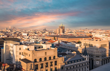 Fototapeta na wymiar Madrid, Spain - December 21, 2015: Aerial view of Madrid downtown from Grand Via(one of the most important street in Madrid).