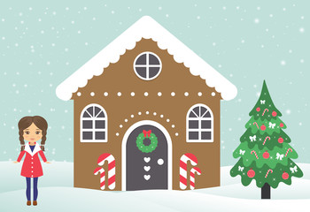 Obraz na płótnie Canvas christmas house building with winter girl and fir-tree
