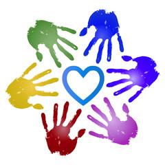 Conceptual children painted hand print and heart isolated