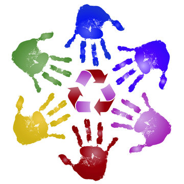 Conceptual children painted hand print and recycle symbol