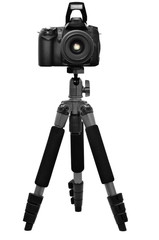 DSLR camera on a tripod, isolated on a white background.