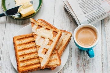 Breakfast with coffee, toasts, butter and jam