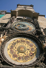 Fototapeta na wymiar PRAGUE, CZECH REPUBLIC - APRIL 19, 2010: Prague Astronomical Clock (Prague Orloj) on the wall of Old Town City Hall, Prague, Czech Republic