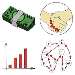 set of icons a bundle of money, handshake, chart, currency exchange