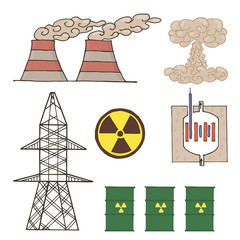 A set of icons from the cooling tower, explosion, tower, sign of radiation, nuclear reactor, barrels of radioactive waste