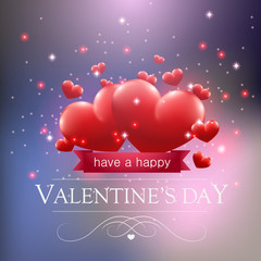 Valentines day card with hearts ans sparkles on blue background.