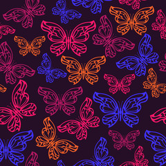 Abstract neon butterfly seamless pattern. Vector illustration.