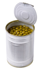 Green peas in the opened steel can are isolated