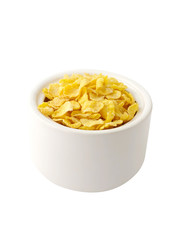 closeup of corn flakes in a bowl, isolated on white background