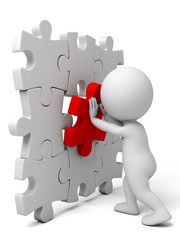 3d small person holding a red   puzzle.