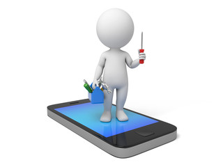 3d people standing on a smart phone with toolkit.