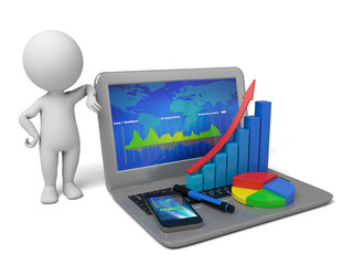 3d people with a laptop, some chart on it, 3d image. Isolated white background