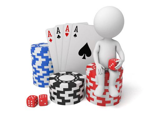 A 3d people with some cards chips and dices. 3d image. Isolated white background