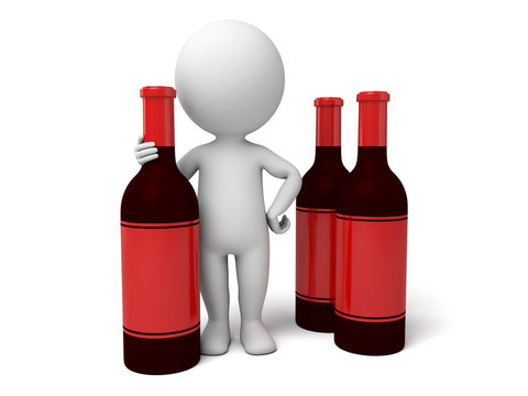 3d people with three bottles of wine. 3d image. Isolated white background