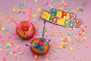 Cupcake on confetti background - happy birthday card