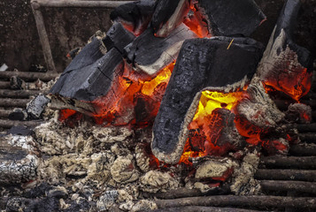     A fire flamed in an open fireplace