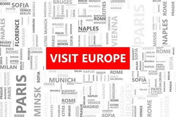 Visit Europe word in tag cloud with European cities, Travel and