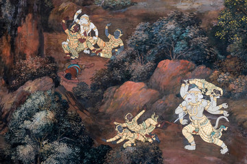 the Ramayana painting on the wall in wat phra kaew in Thailand