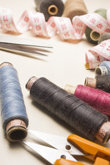 Tailor, tailoring table and utensils. High resolution image.