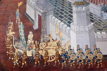 the Ramayana painting on the wall in public temple Wat Phra Kaew in Thailand