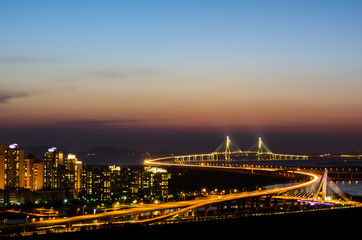 Fototapeta na wymiar Sunset of Incheon Bridge at Night,Seouth Korea