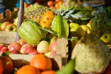 Colorful background from many different fruits at a farmers market