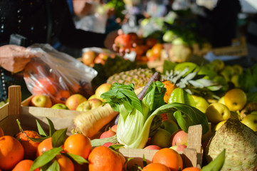 Cabbage Bok Choy among fruit and vegetables at farmers market
