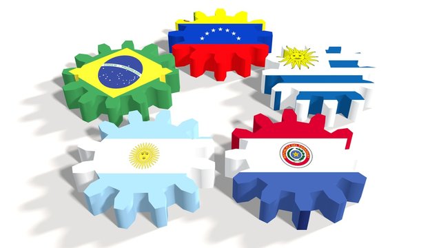 Southern Common Market association economies members flags on gears.