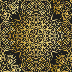 Seamless ethnic pattern with mandala. Arabic floral background. Golden and black colors. Detailed vector illustration. 