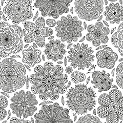 Seamless pattern with flowers and ladybug. Romantic floral background. Black and white colors. Detailed vector illustration. 