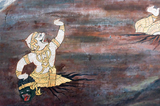 the Ramayana painting on the wall in public temple in thailand