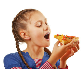 Little girl eating pizza isolated on white