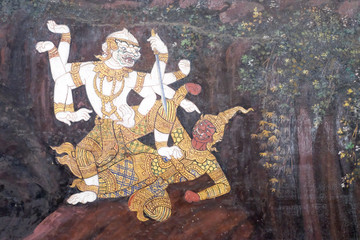the Ramayana painting on the wall in public temple in Thailand