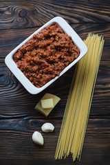 Traditional ingredients for making spaghetti bolognese, top view