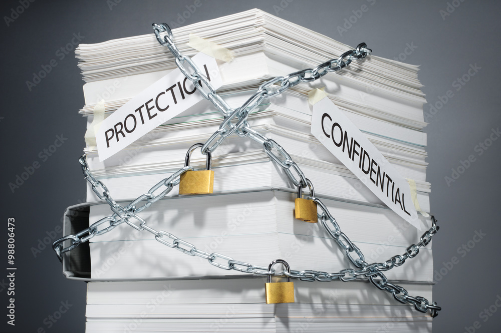 Poster data security. protected documents. confidential information.locked pile of documents and folder. gr