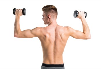 Obraz na płótnie Canvas Blonde man in underwear doing weightlifting