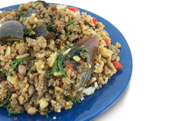 rice topped with stir-fried pork and basil with potash preserved