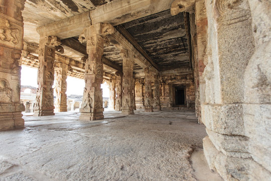 Interior of an ancient Hindu temple in Hampi, Karnataka, India (Asia)