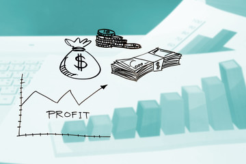 Business graph with arrow and lot of money showing profits and gains, Business concept 
