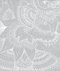 Vector illustration of doodle drawing on the light gray background. Abstract white lines, curves and leaves. Vintage backdrop. Hand-drawn texture. 