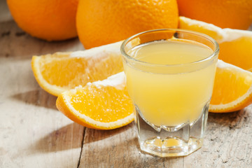Orange juice in a large glass, selective focus