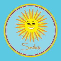 Vector positive illustration of smiling sun in the round frame on the blue background.