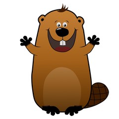 Happy cartoon beaver on white background, emotions, hugs