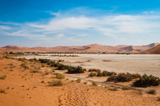 Wüstenlandschaft mit Salzsee und roten Dünen; Sossusvlei