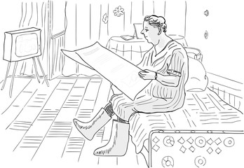  An inquisitive woman with a newspaper in his hand.Caricature.