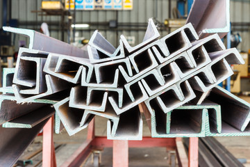 Heap of U shape beam steel in factory shelf © mathisa