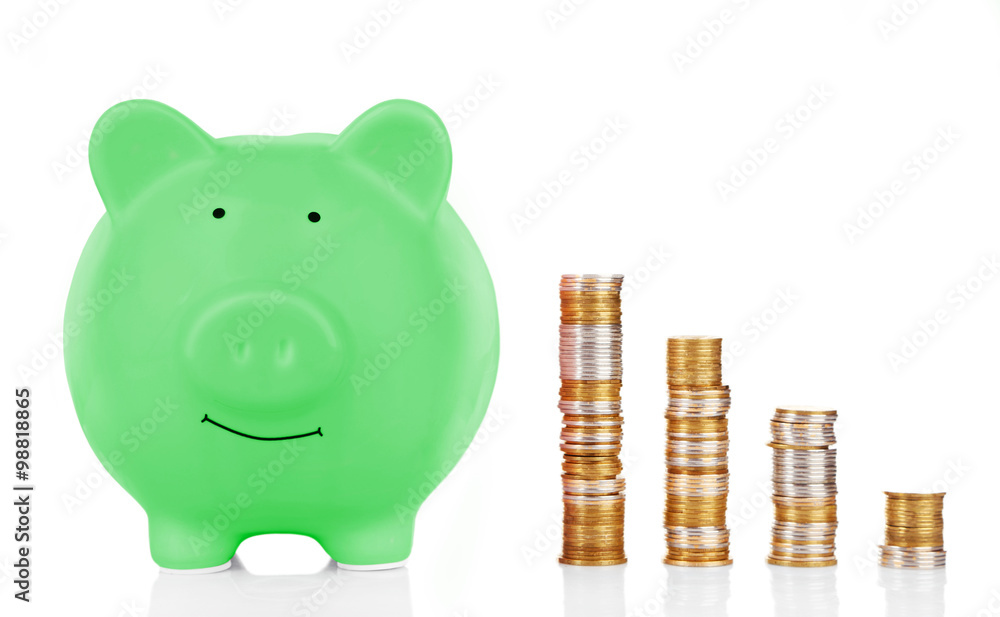 Sticker green piggy bank with coins isolated on white