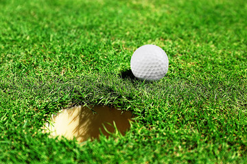 Golf ball on lip of cup on the green golf course